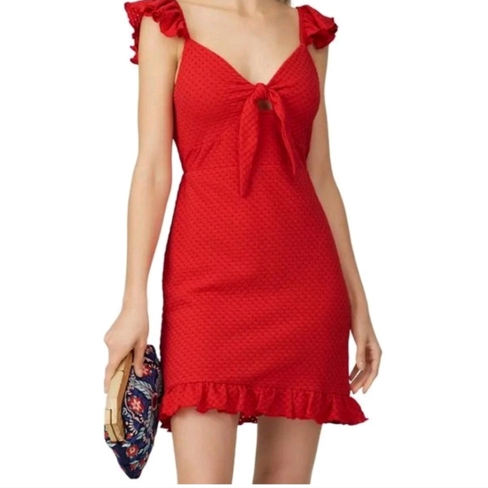 MINKPINK Laurel Tomato Red Eyelet Sleeveless V-neck Tie Front Mini Dress Size SM - Picture 4 of 16
